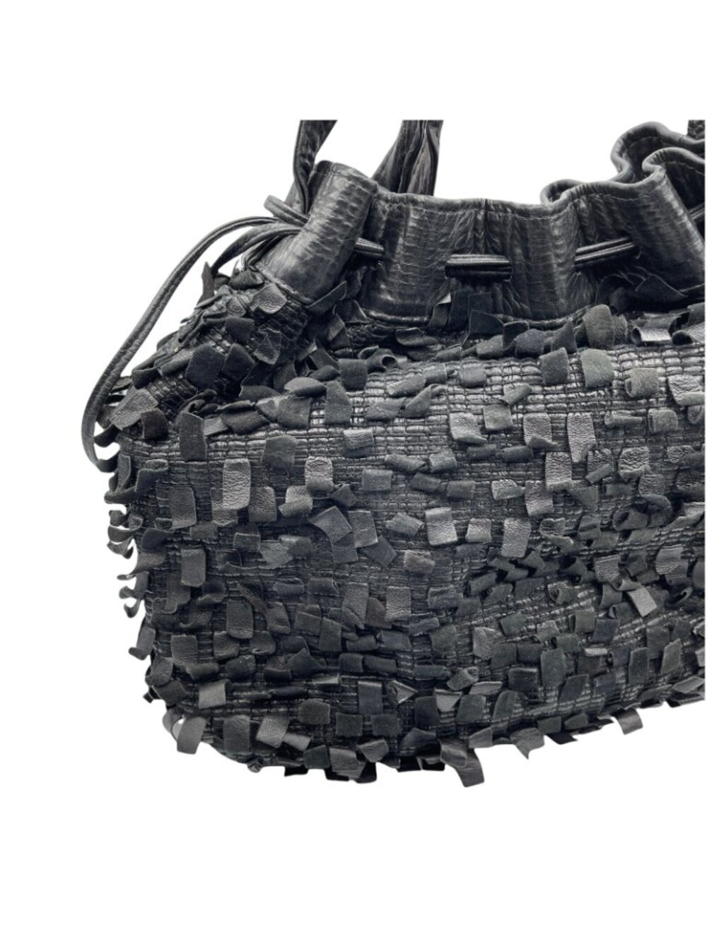Black Leather Fringe Purse BOHO Bucket Shoulder Bag East West Designs BOHO Goth - Picture 3 of 10